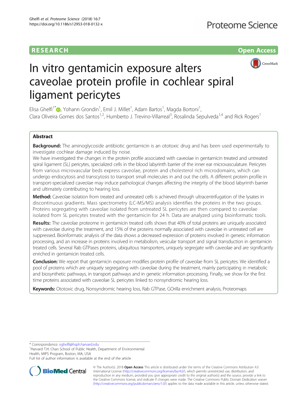 In Vitro Gentamicin Exposure Alters Caveolae Protein Profile in Cochlear Spiral Ligament Pericytes Elisa Ghelfi1* , Yohann Grondin1, Emil J