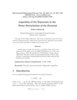 Logarithm of the Exponents in the Prime Factorization of the Factorial