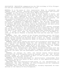 LEGISLATIVE RESOLUTION Commemorating the 96Th Birthday of Ella Fitzger- Ald and Her Tremendous Contributions to Jazz