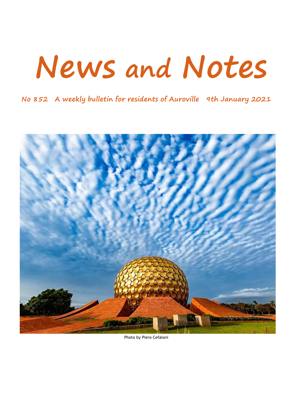 News and Notes No 852 a Weekly Bulletin for Residents of Auroville 9Th January 2021