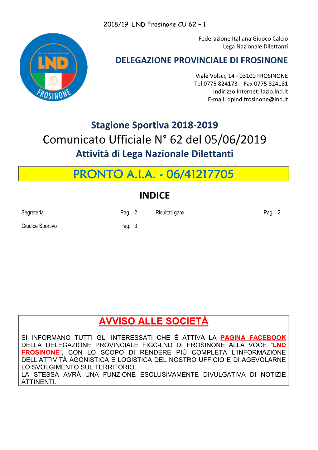 Comunicato Ufficiale N° 62 Del 05/06/2019 Attività Di Lega Nazionale Dilettanti