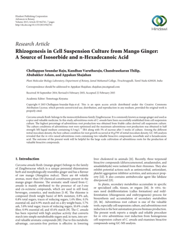 Research Article Rhizogenesis in Cell Suspension Culture from Mango Ginger: a Source of Isosorbide and N-Hexadecanoic Acid