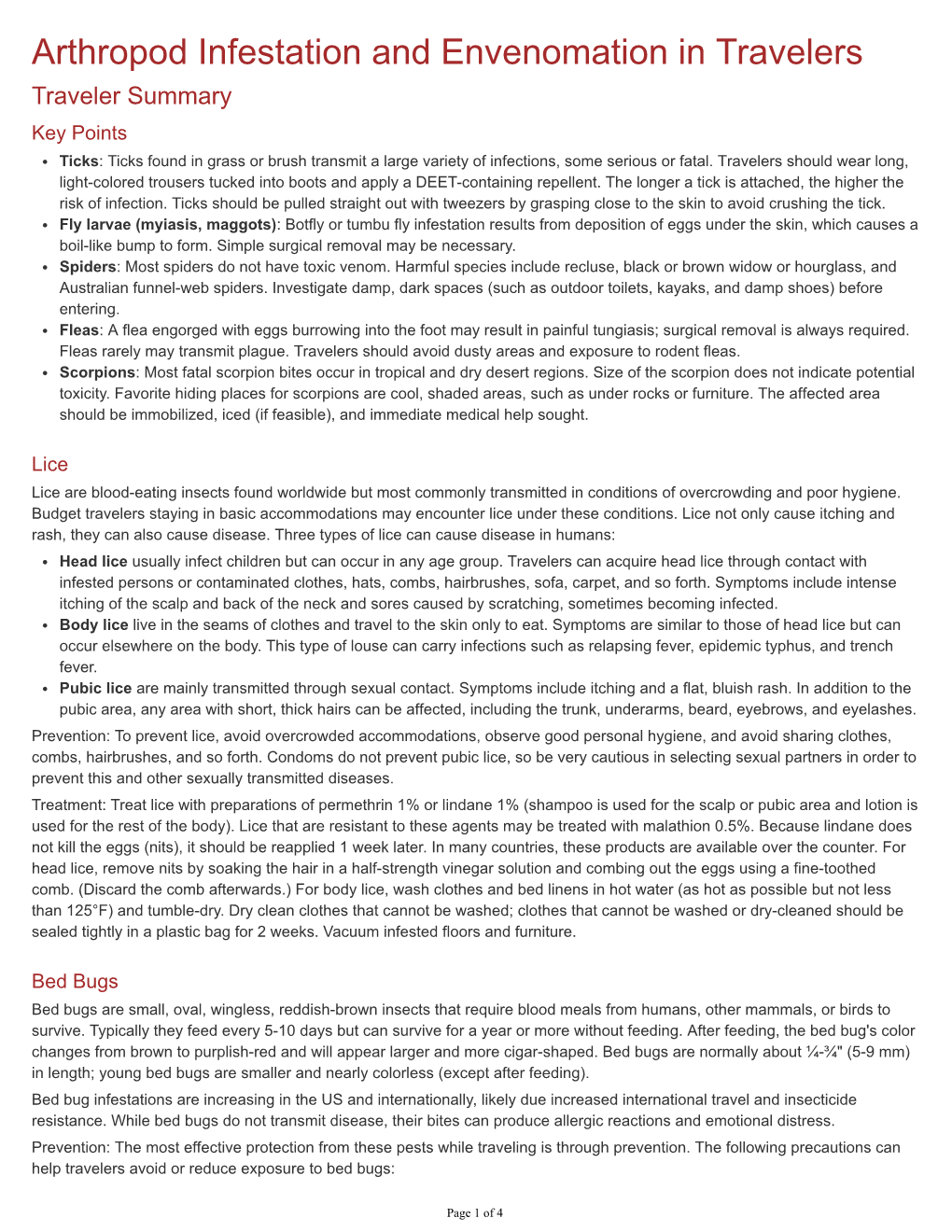 Arthropod Infestation and Envenomation in Travelers