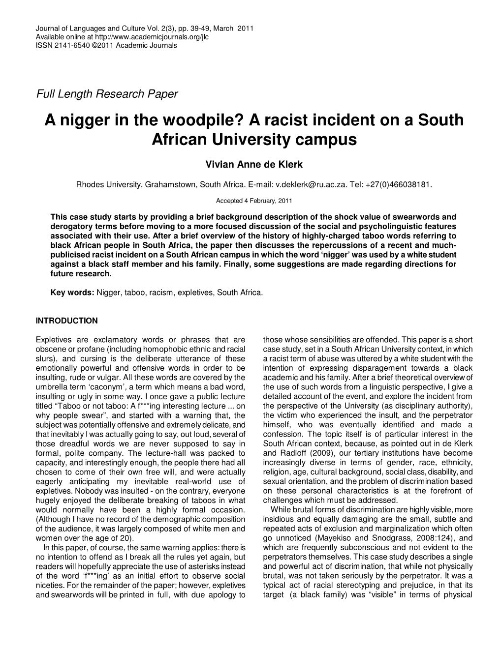 A Nigger in the Woodpile? a Racist Incident on a South African University Campus