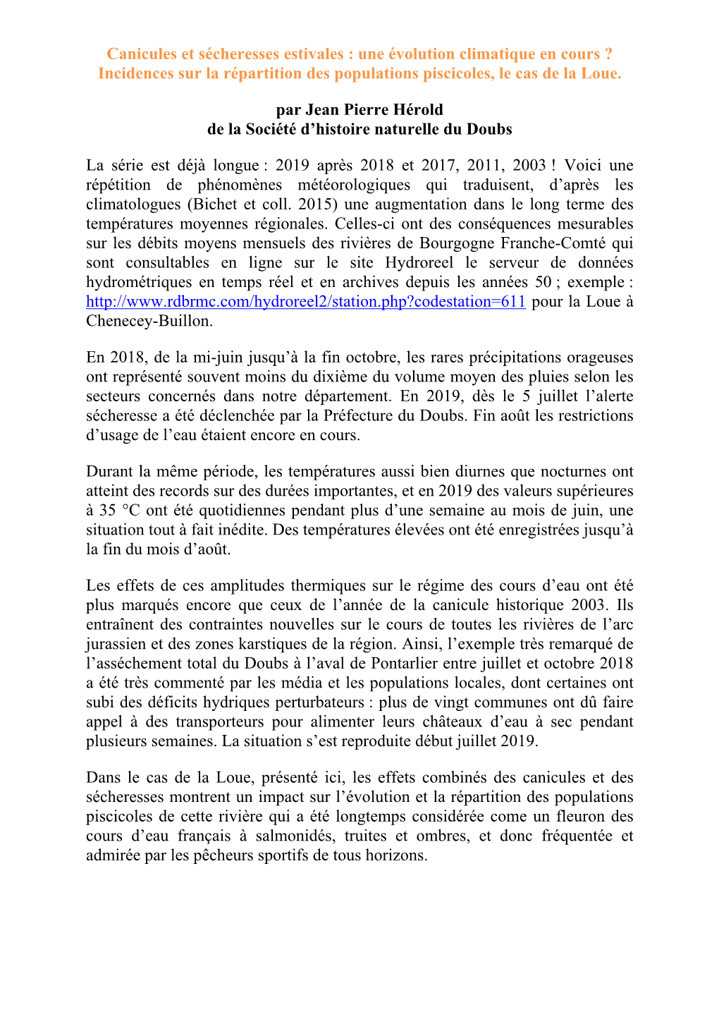 Canicules Et Sécheresses Estivales : Une Évolution Climatique En Cours ? Incidences Sur La Répartition Des Populations Piscicoles, Le Cas De La Loue