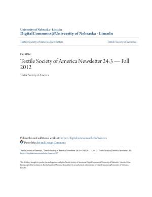 Fall 2012 Textile Society of America Newsletter 24:3 — Fall 2012 Textile Society of America