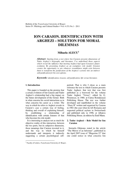 Ion Caraion. Identification with Arghezi – Solution for Moral Dilemmas