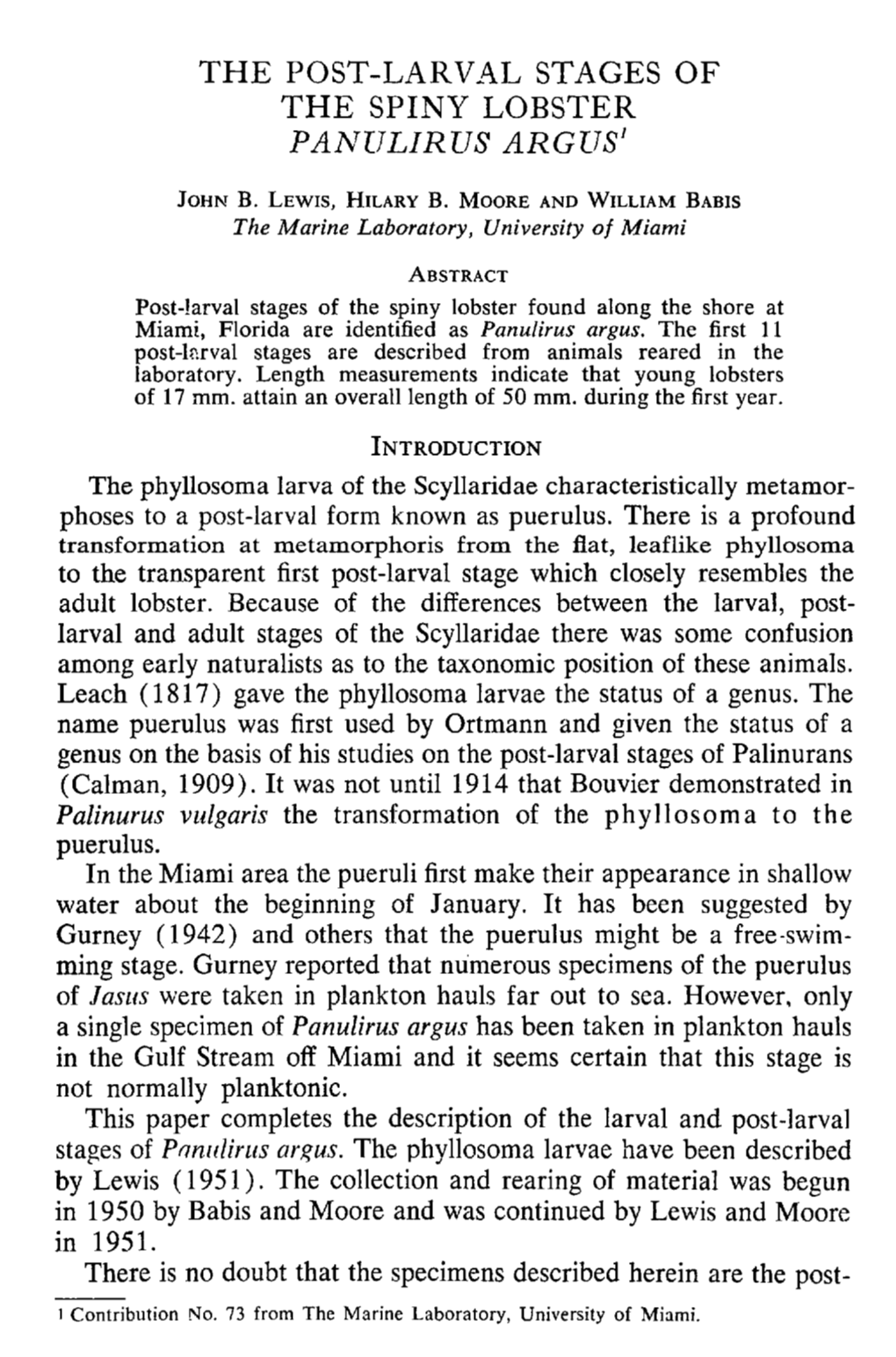 The Post-Larval Stages of the Spiny Lobster <I>Panulirus Argus</I>