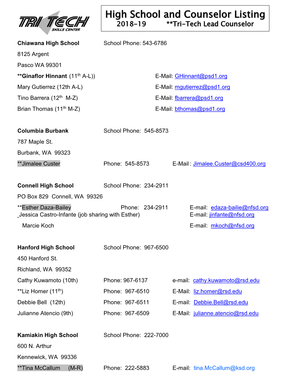 High School and Counselor Listing 2018-19 **Tri-Tech Lead Counselor