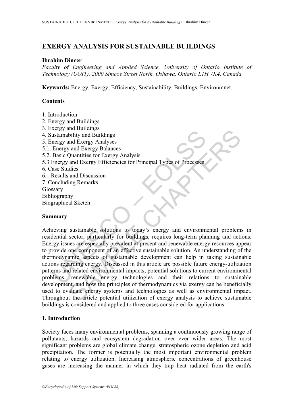 Exergy Analysis for Sustainable Buildings – Ibrahim Dincer