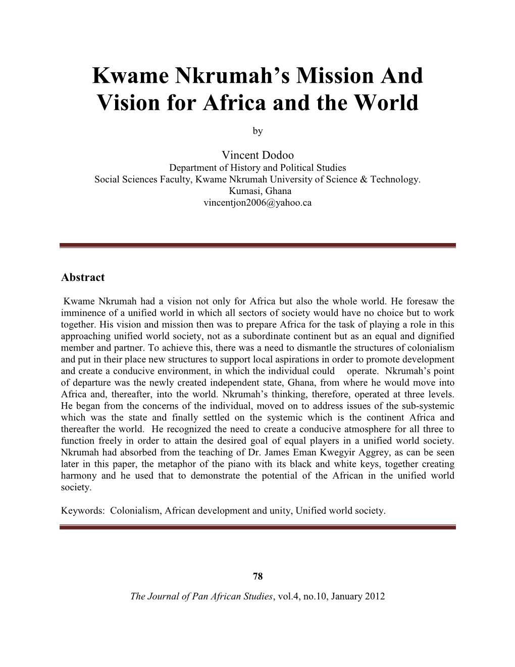 Kwame Nkrumah's Mission and Vision for Africa and the World
