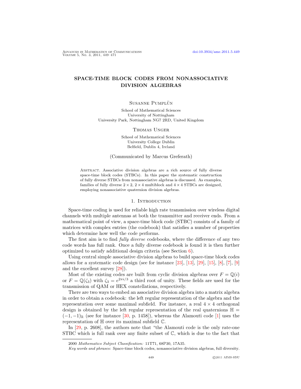 Space-Time Block Codes from Nonassociative Division Algebras