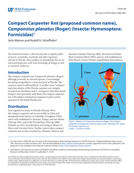 Compact Carpenter Ant (Proposed Common Name), Camponotus Planatus (Roger) (Insecta: Hymenoptera: Formicidae)1 John Warner and Rudolf H