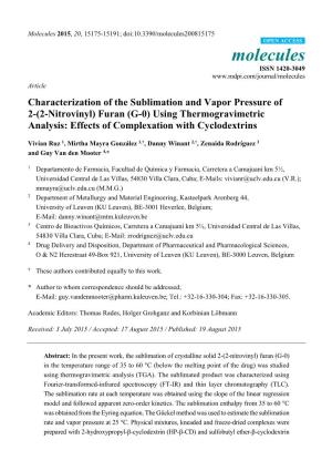 Characterization of the Sublimation and Vapor Pressure of 2-(2-Nitrovinyl) Furan (G-0) Using Thermogravimetric Analysis: Effects of Complexation with Cyclodextrins