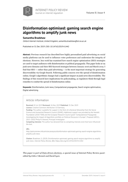 Gaming Search Engine Algorithms to Amplify Junk News Samantha Bradshaw Oxford Internet Institute, United Kingdom, Samantha.Bradshaw@Oii.Ox.Ac.Uk