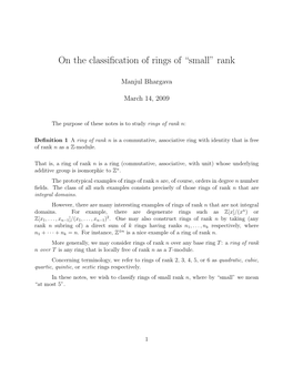 On the Classification of Rings of “Small” Rank