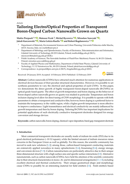 Tailoring Electro/Optical Properties of Transparent Boron-Doped Carbon Nanowalls Grown on Quartz