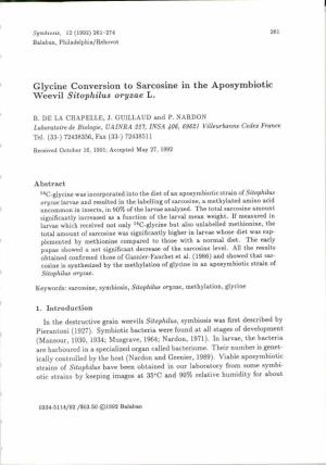 Glycine Conversion to Sarcosine in the Aposymbiotic Weevil Sitophilus Oryzae L