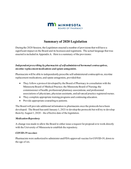 Summary of 2020 Legislation