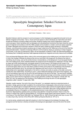 Apocalyptic Imagination: Sekaikei Fiction in Contemporary Japan Written by Motoko Tanaka