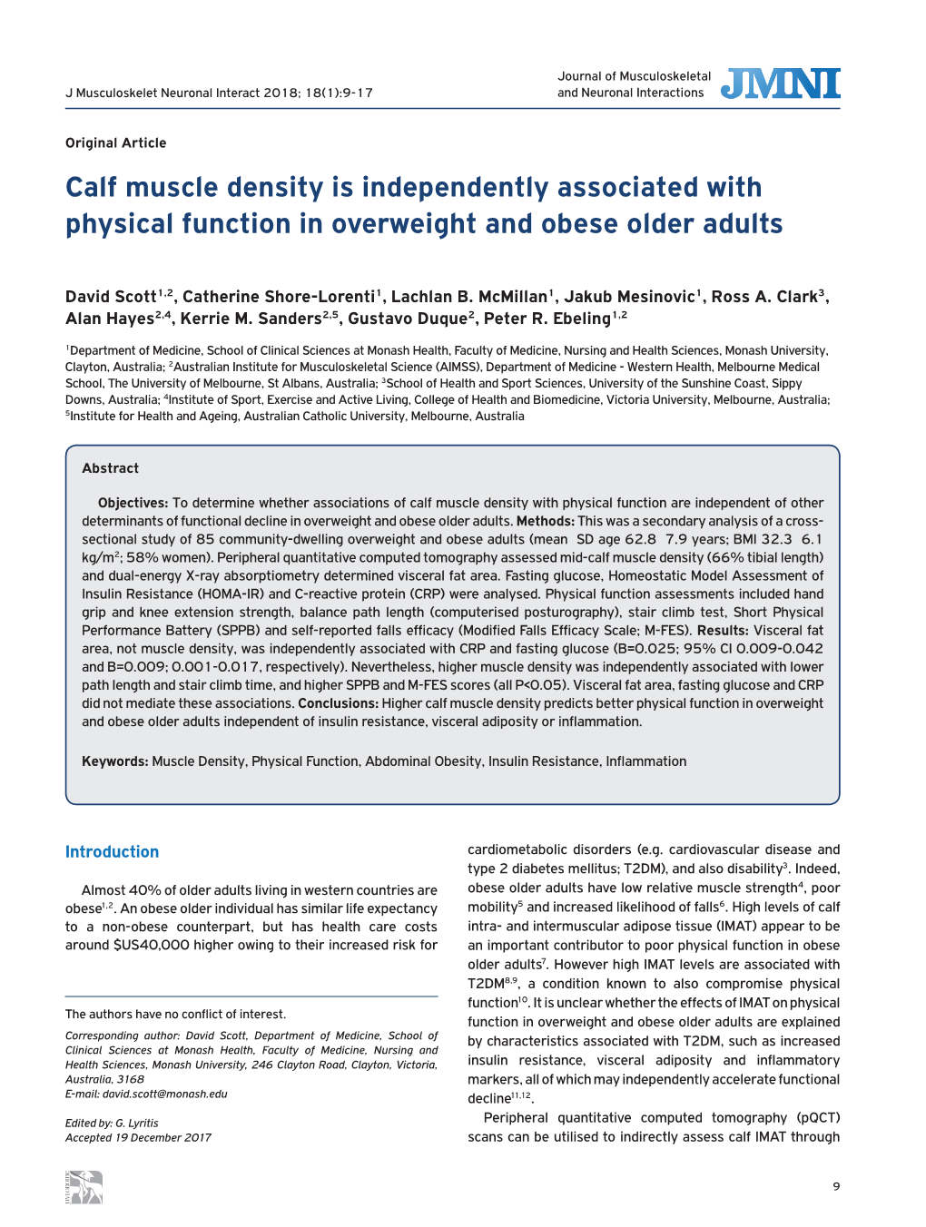 Calf Muscle Density Is Independently Associated with Physical Function in Overweight and Obese Older Adults