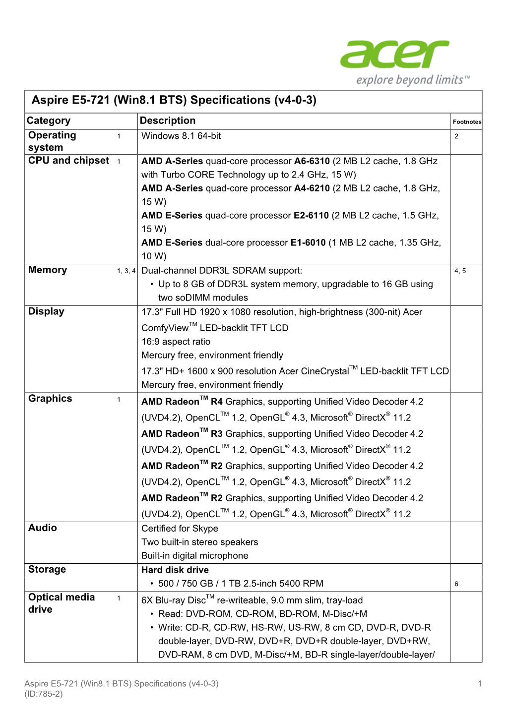 Aspire E5-721 (Win8.1 BTS) Specifications (V4-0-3)