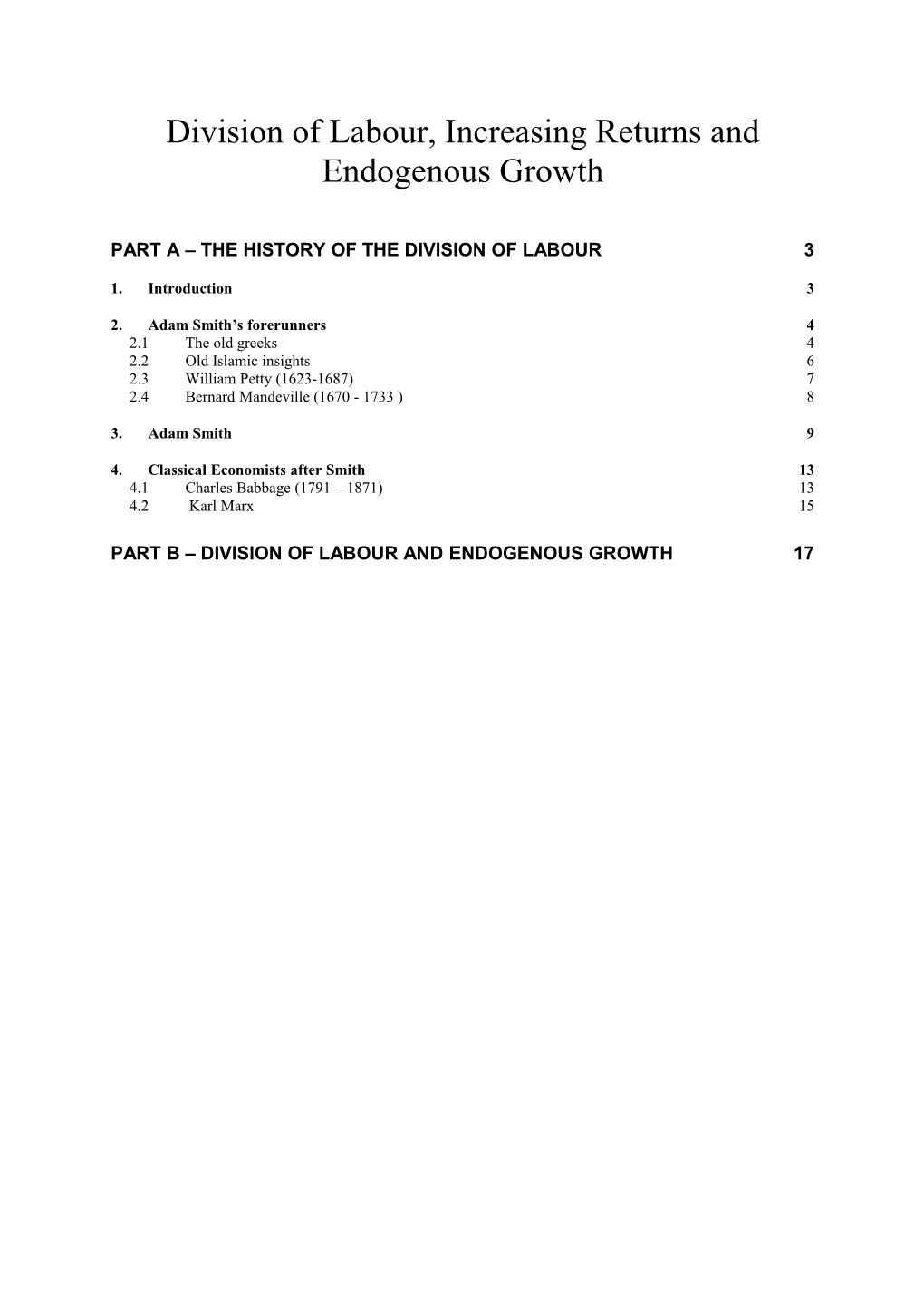 Division of Labour, Increasing Returns and Endogenous Growth