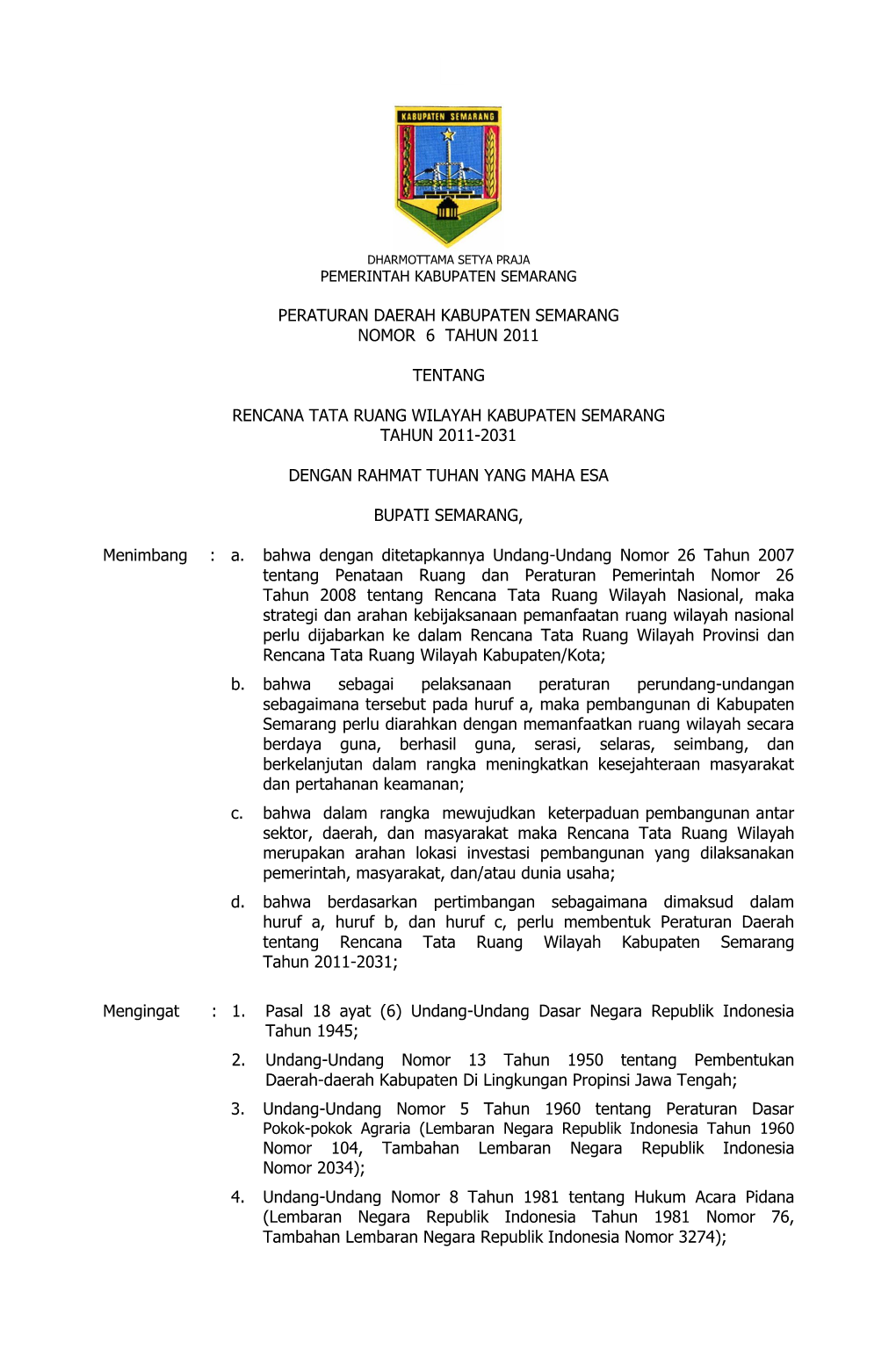 Peraturan Daerah Kabupaten Semarang Nomor 6 Tahun 2011