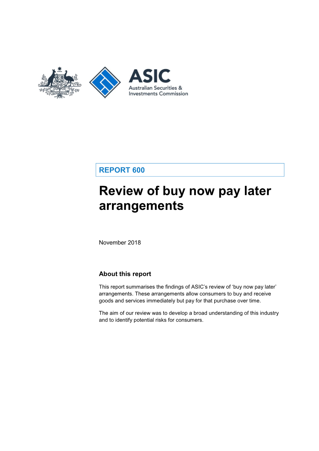 REPORT 600: Review of Buy Now Pay Later Arrangements