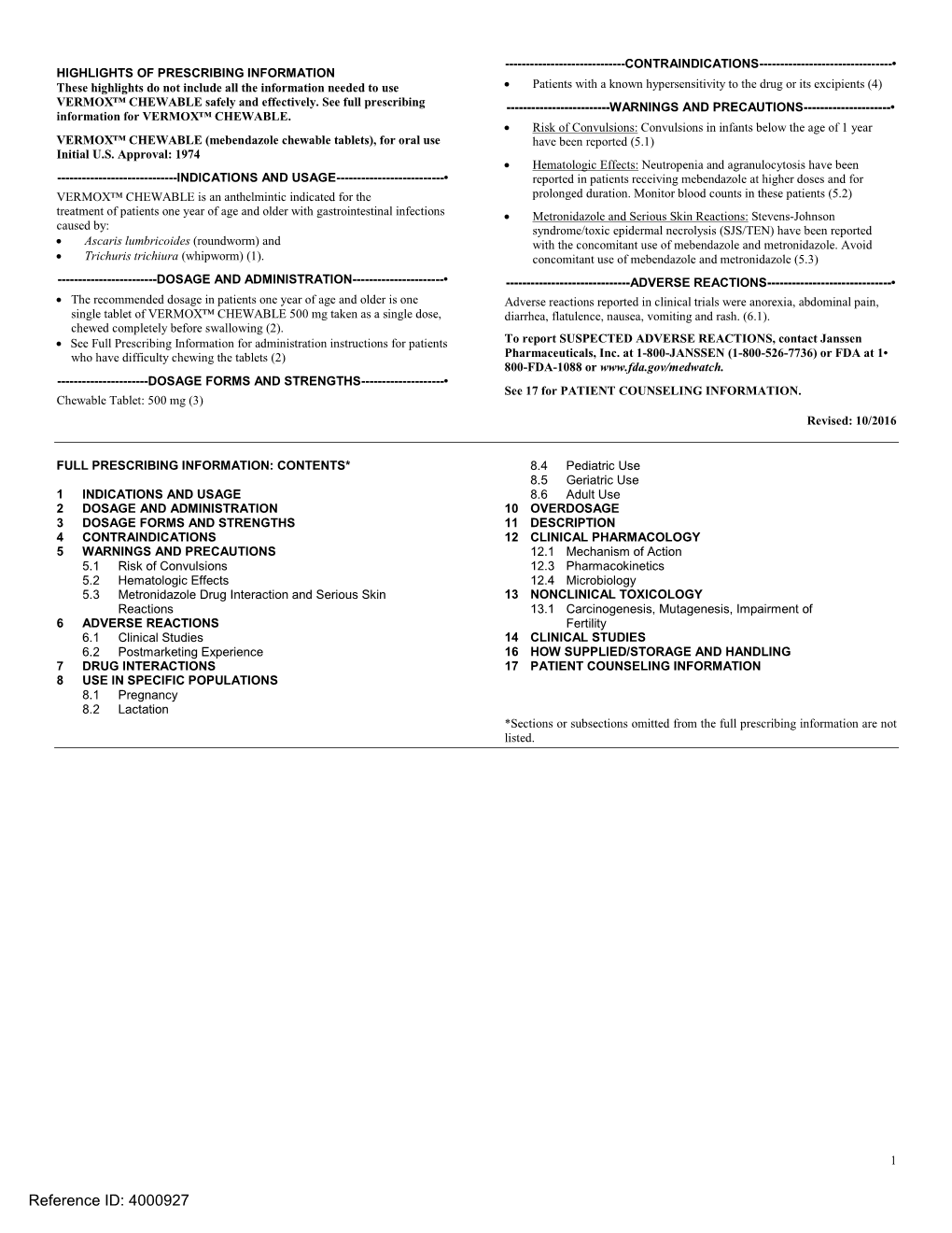 Mebendazole Chewable Tablets), for Oral Use Have Been Reported (5.1) Initial U.S