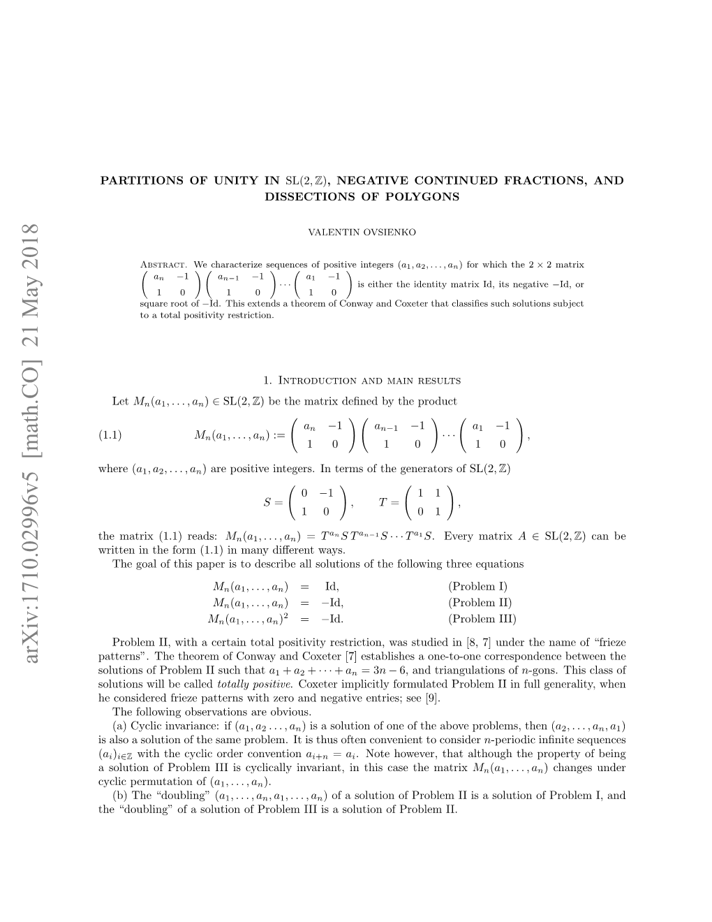 Arxiv:1710.02996V5 [Math.CO] 21 May 2018 Solutions of Problem II Such That A1 + A2 + ··· + an = 3N − 6, and Triangulations of N-Gons