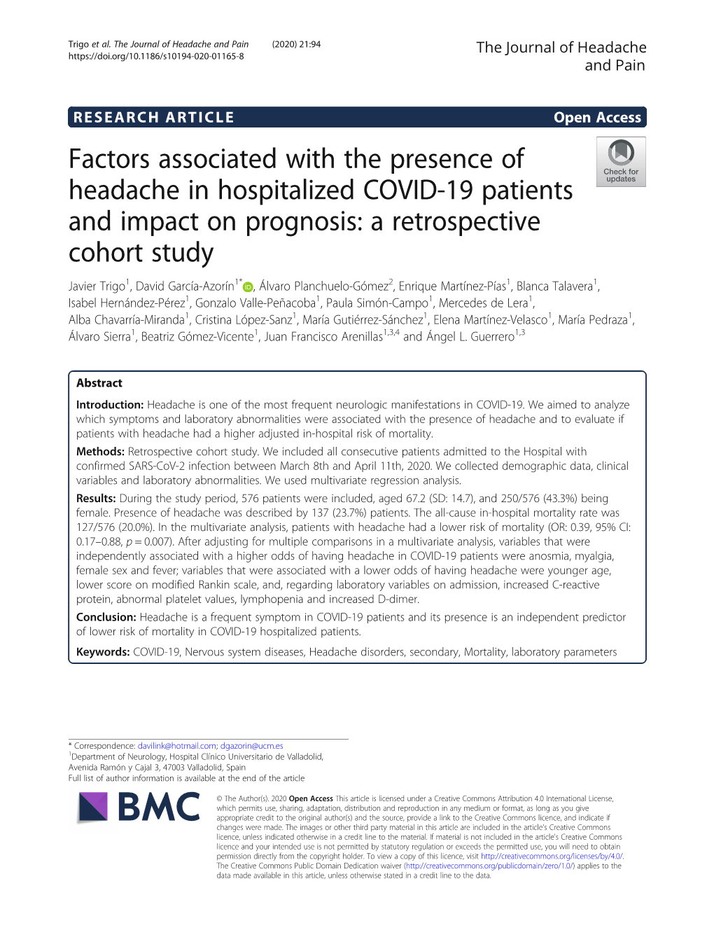 Factors Associated with the Presence of Headache in Hospitalized COVID