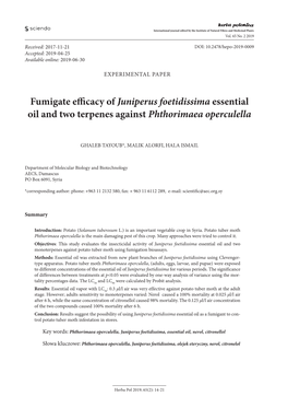 Fumigate Efficacy of Juniperus Foetidissima Essential Oil and Two Terpenes Against Phthorimaea Operculella