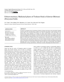 Ethnoveterinary Medicinal Plants of Tosham Block of District Bhiwani (Haryana) India