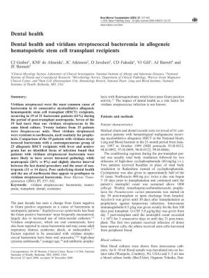 Dental Health Dental Health and Viridans Streptococcal Bacteremia in Allogeneic Hematopoietic Stem Cell Transplant Recipients