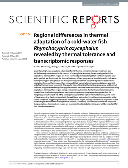 Regional Differences in Thermal Adaptation of a Cold-Water Fish Rhynchocypris Oxycephalus Revealed by Thermal Tolerance and Tran