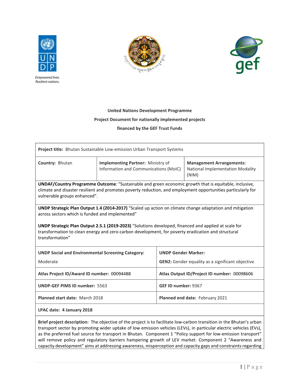 Project Document for Nationally Implemented Projects Financed by the GEF Trust Funds