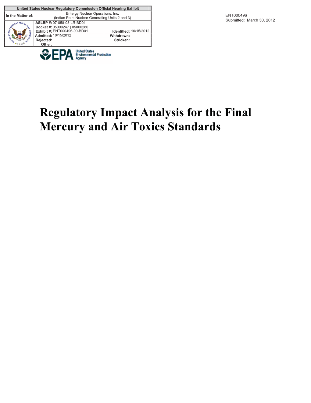 EPA, Regulatory Impact Analysis for the Final Mercury and Air Toxics Standards 0391, Exce