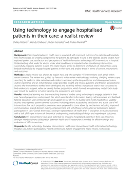 Using Technology to Engage Hospitalised Patients in Their Care: a Realist Review Shelley Roberts1*, Wendy Chaboyer1, Ruben Gonzalez2 and Andrea Marshall3,4