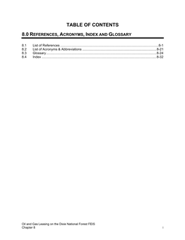 Table of Contents 8.0 References, Acronyms, Index and Glossary