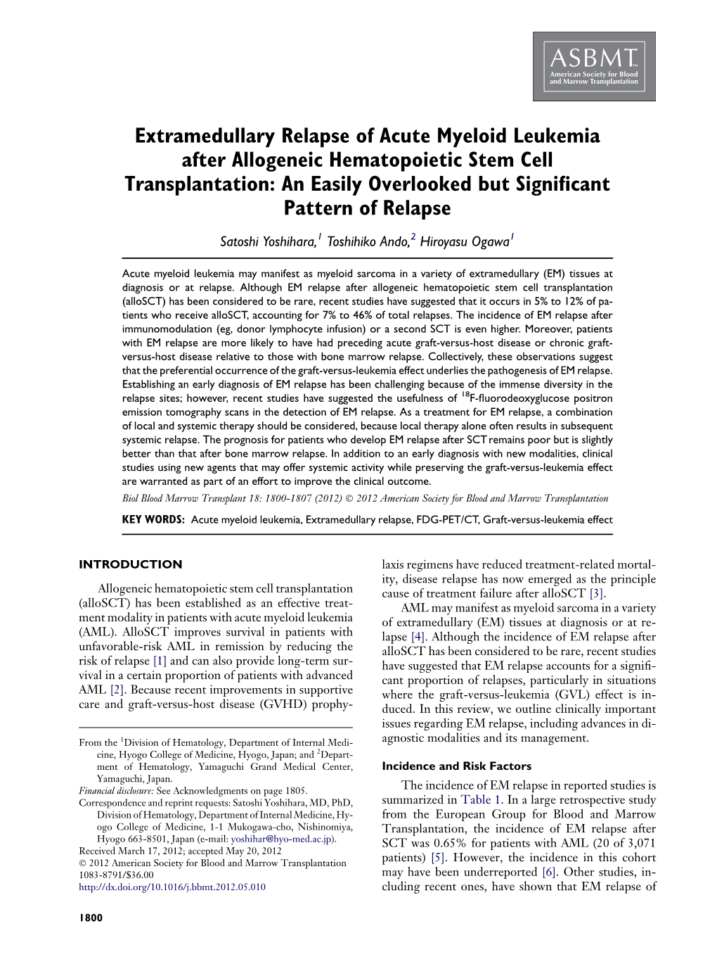 Extramedullary Relapse of Acute Myeloid Leukemia After Allogeneic Hematopoietic Stem Cell Transplantation: an Easily Overlooked but Signiﬁcant Pattern of Relapse