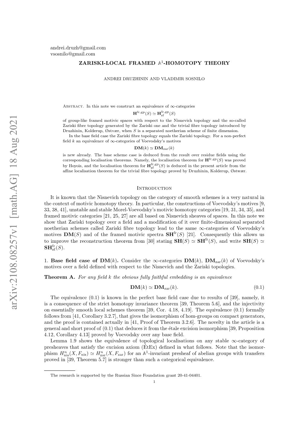 Zariski-Local Framed $\Mathbb {A}^ 1$-Homotopy Theory