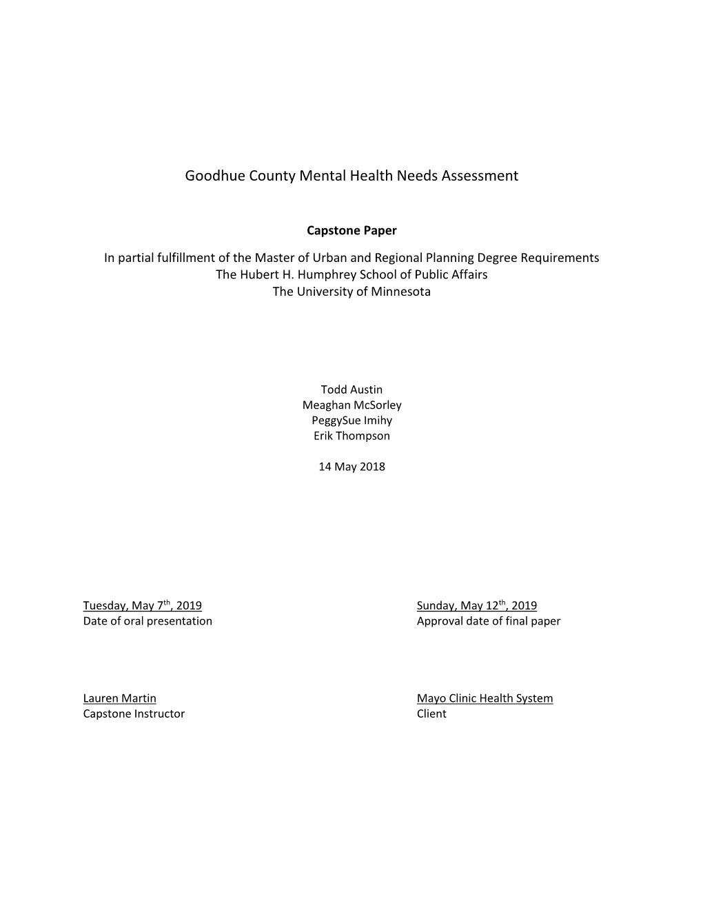 Goodhue County Mental Health Needs Assessment
