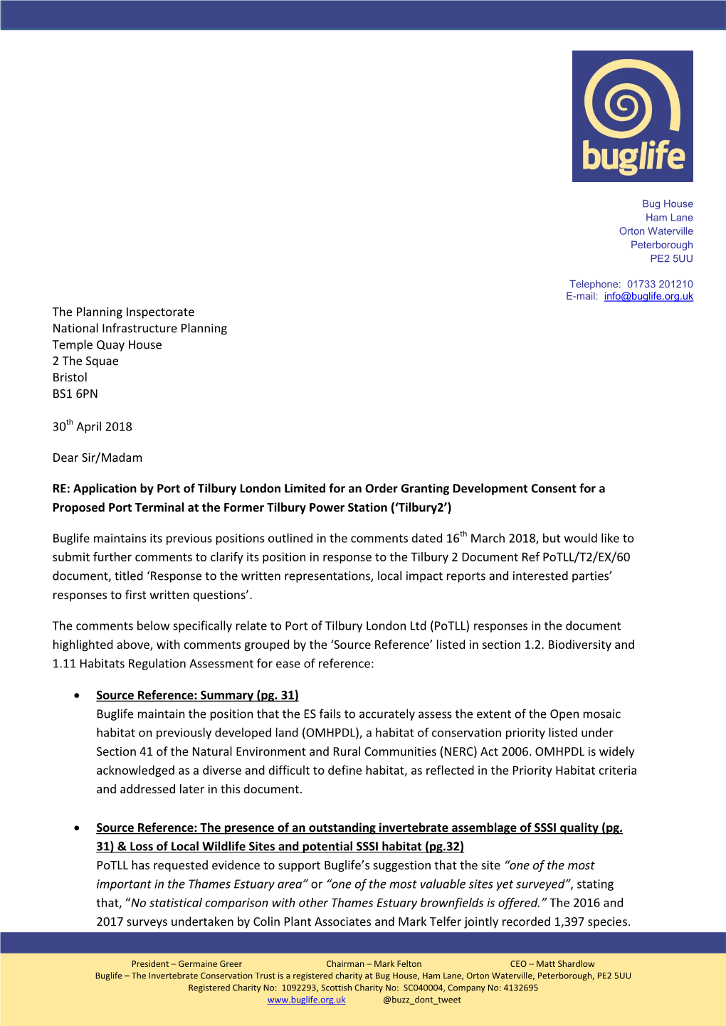 The Planning Inspectorate National Infrastructure Planning Temple Quay House 2 the Squae Bristol BS1 6PN