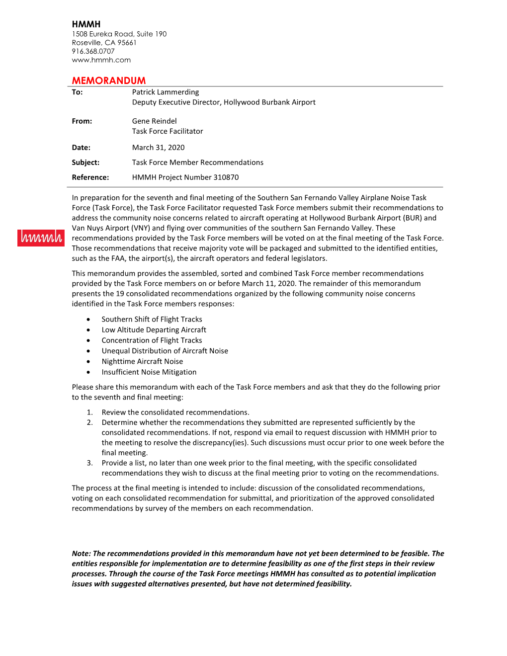 MEMORANDUM To: Patrick Lammerding Deputy Executive Director, Hollywood Burbank Airport