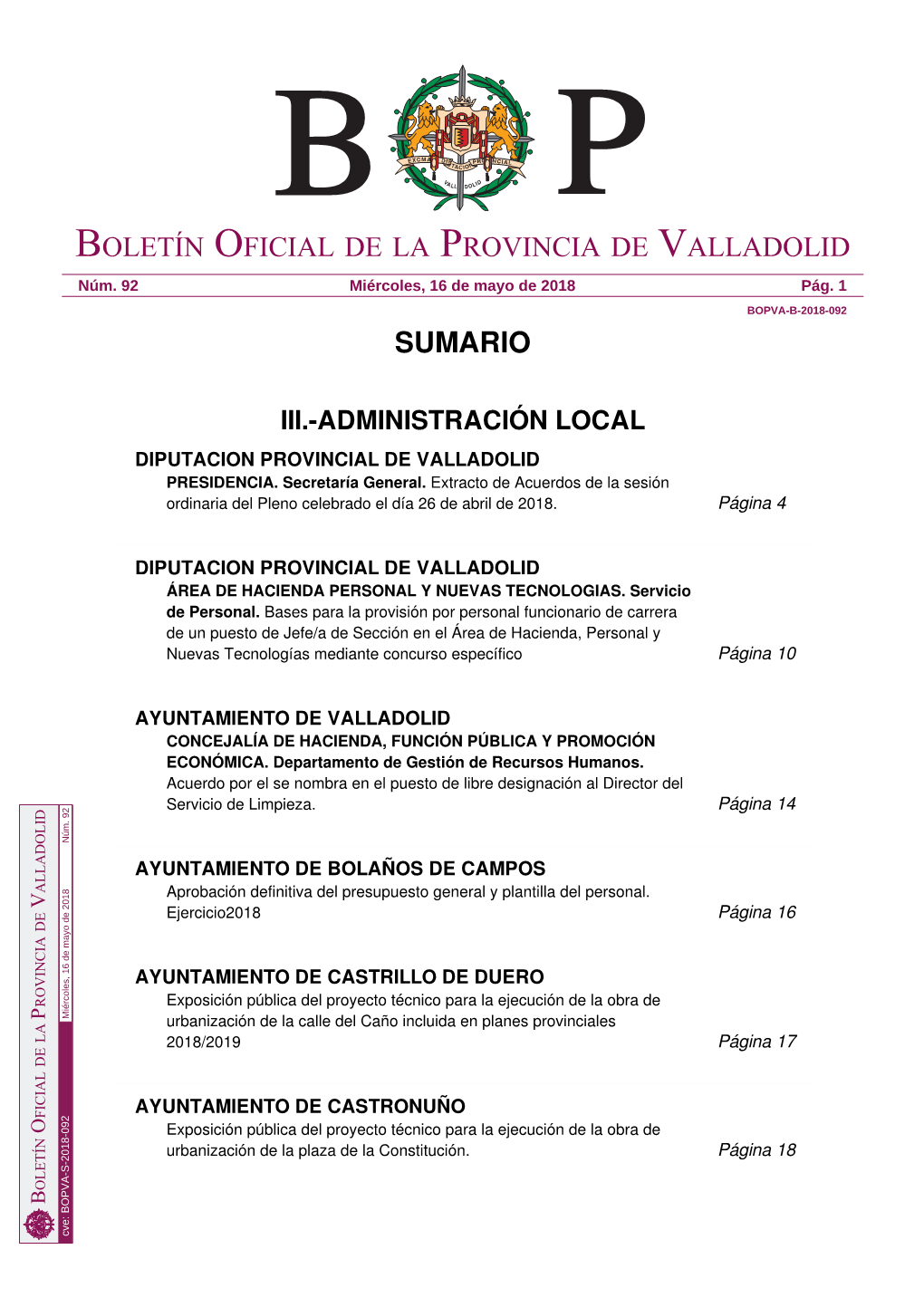 Sumario Boletín Oficial De La Provincia De Valladolid