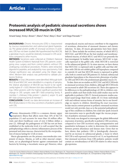 Proteomic Analysis of Pediatric Sinonasal Secretions Shows Increased MUC5B Mucin in CRS