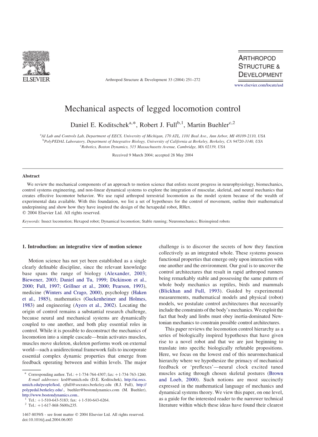 Mechanical Aspects of Legged Locomotion Control