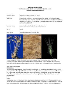 WRITTEN FINDINGS of the DRAFT WASHINGTON STATE NOXIOUS WEED CONTROL BOARD Proposed Noxious Weed for 2016