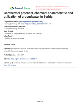 Geothermal Potential, Chemical Characteristic and Utilization of Groundwater in Serbia